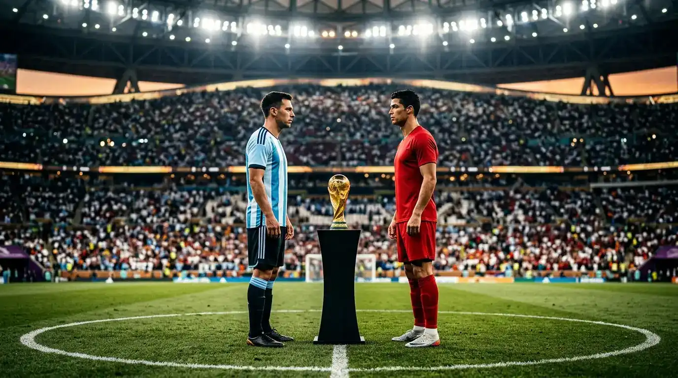 Dos futbolistas de selecciones rivales, uno de celeste y blanco y otro de rojo, frente a frente antes de la final del Mundial 2026, con un trofeo dorado al centro del campo