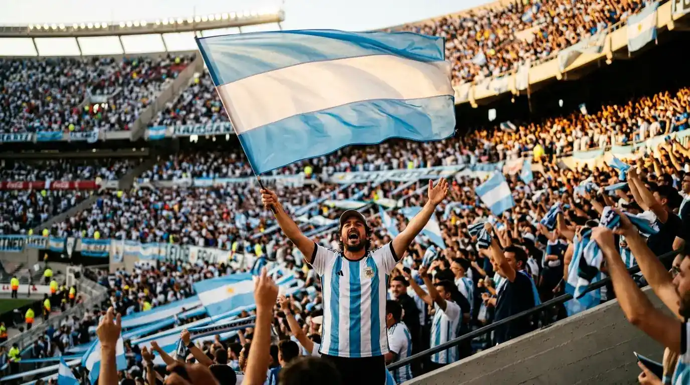 Hincha ondea una bandera celeste y blanca en las gradas de un gran estadio durante el Mundial 2026