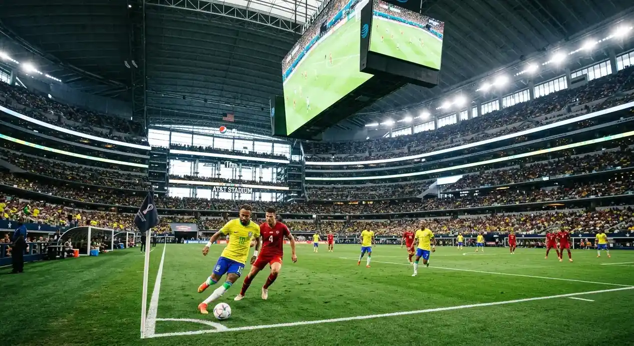 Vista del campo de juego bajo el techo cerrado del AT&T Stadium durante un partido del Mundial 2026
