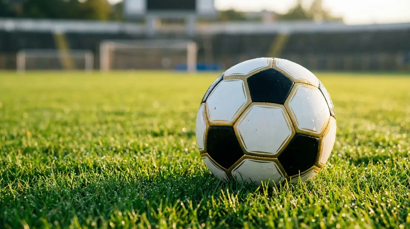 Balon de futbol en primer plano sobre el cesped de una cancha profesional con las lineas blancas del campo visibles
