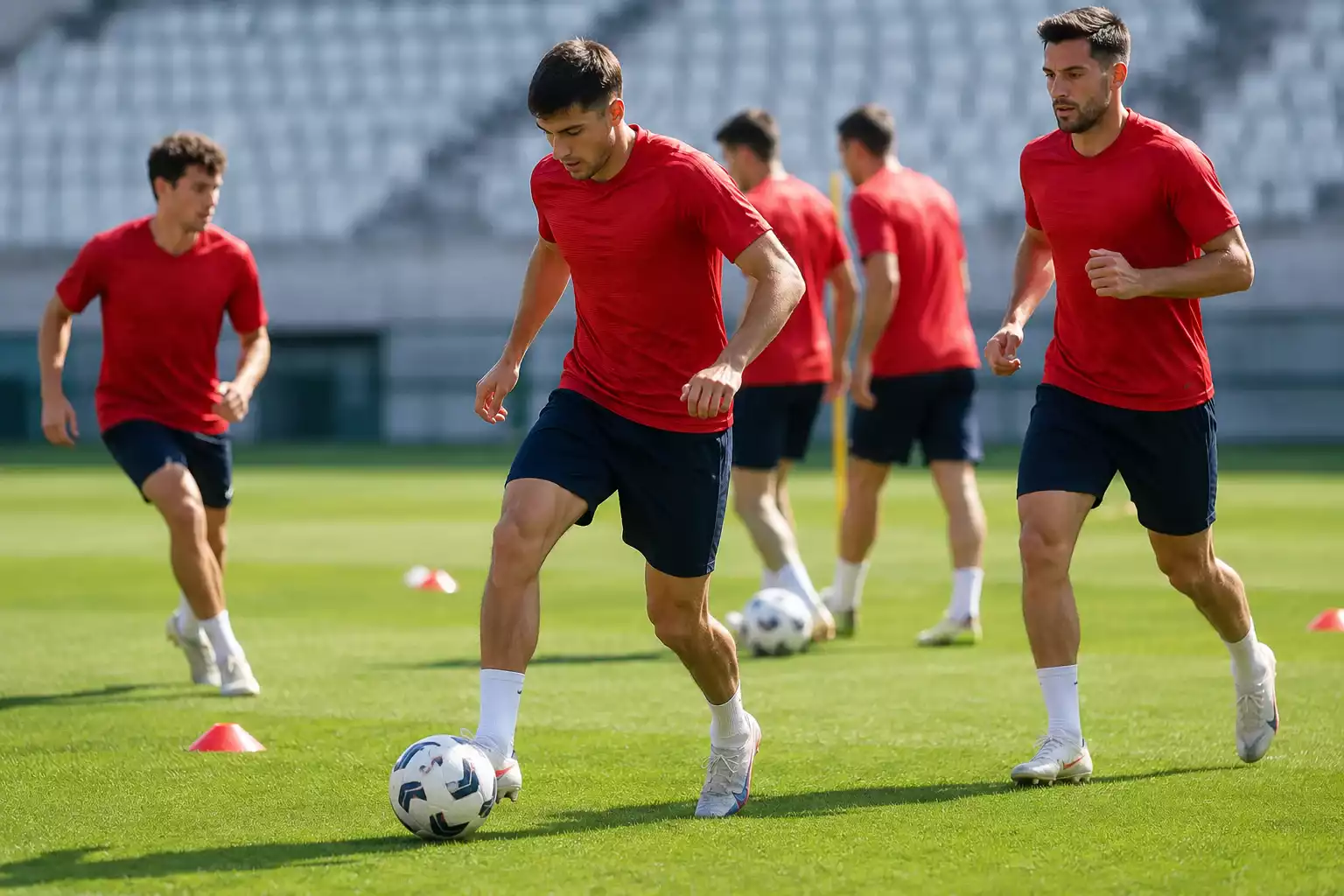 Jugadores de la selección de España entrenan en un campo del Mundial 2026 bajo el sol