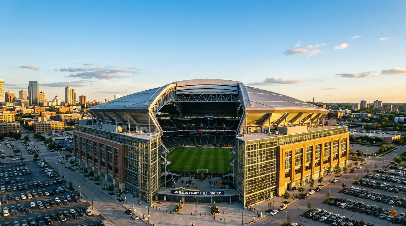Vista panoramica de un estadio moderno de futbol en Norteamerica con cancha verde y gradas amplias bajo cielo despejado