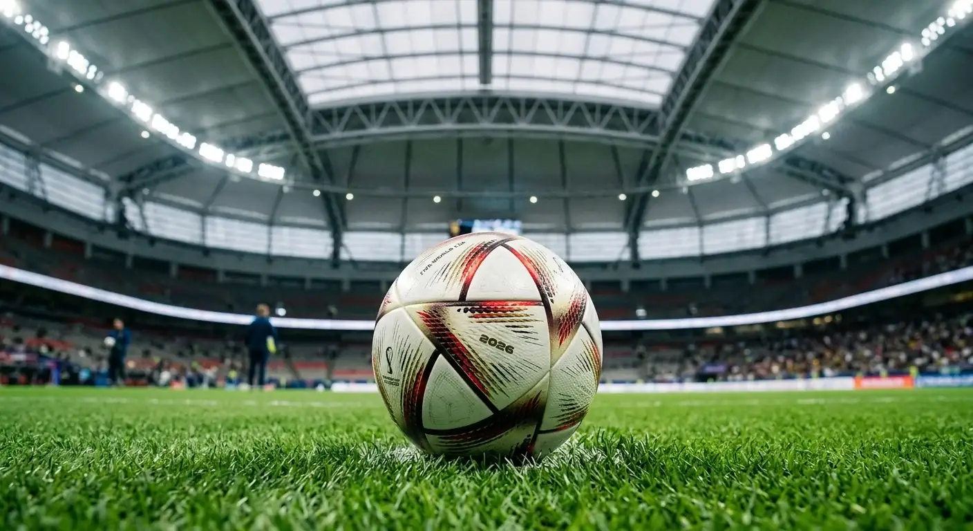 Balón del Mundial 2026 sobre el césped de un estadio de techo cerrado con las gradas iluminadas