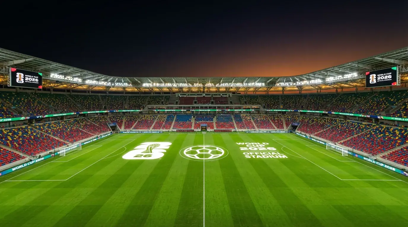 Estadio iluminado para el Mundial 2026 con cancha de futbol preparada para el torneo