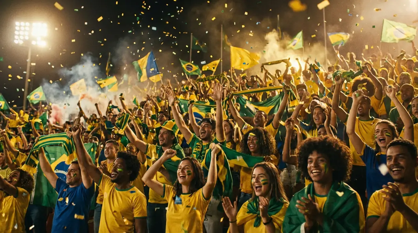 Hinchada sudamericana celebrando en las tribunas de un estadio de futbol durante un partido nocturno