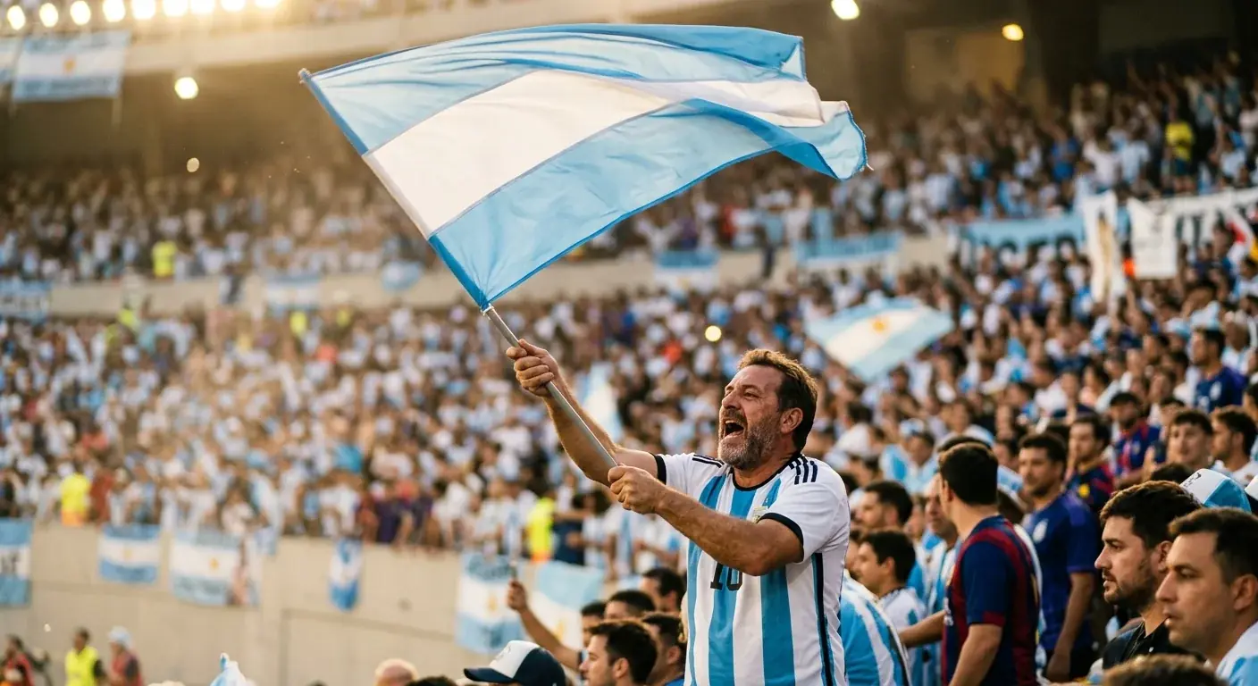 Hincha ondea una bandera celeste y blanca en las gradas de un estadio durante el Mundial 2026