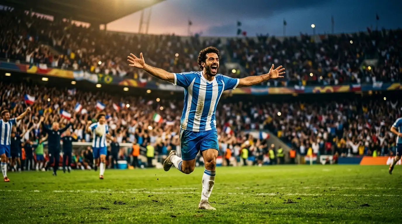 Un futbolista celebra un gol con los brazos abiertos sobre el césped iluminado de un gran estadio durante el Mundial 2026