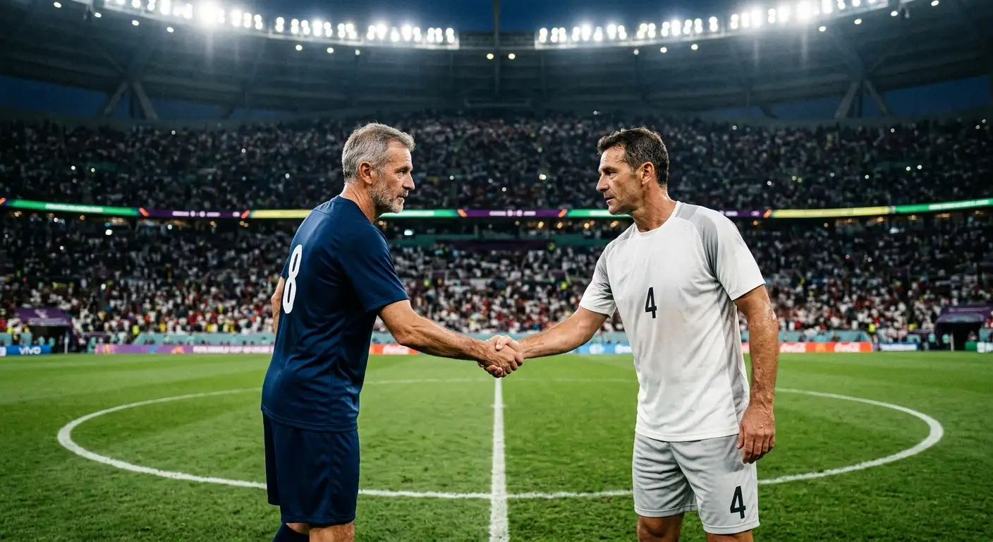 Dos futbolistas veteranos se saludan en el centro del campo antes de un partido del Mundial 2026