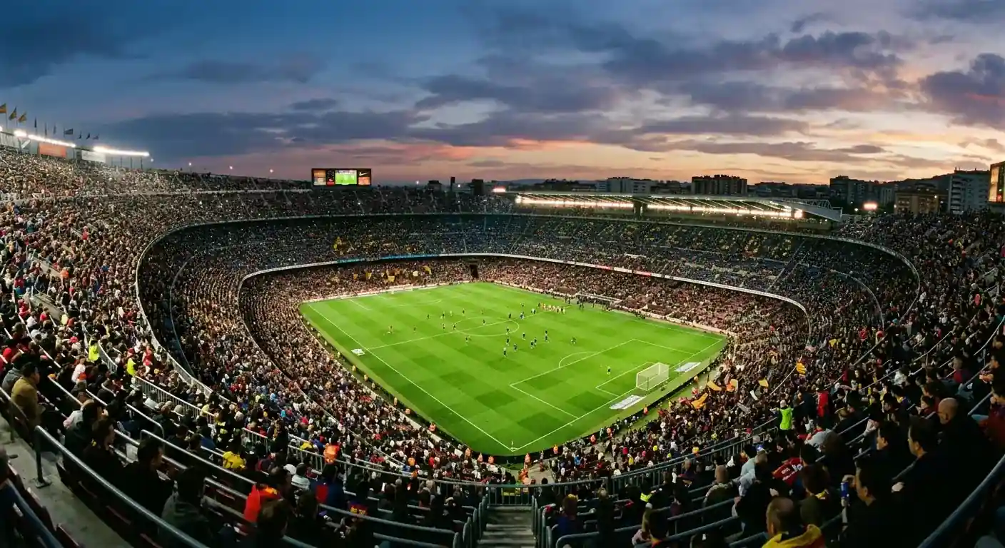 Estadio de fútbol al atardecer con las gradas llenas durante el Mundial 2026