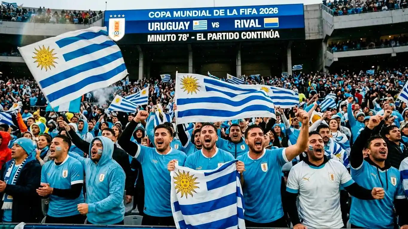 Hinchas uruguayos con banderas celeste y blanca animando en las tribunas del Mundial 2026