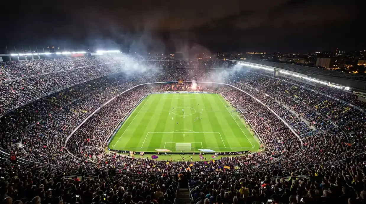 Vista nocturna de un estadio de fútbol repleto con las luces encendidas durante el Mundial 2026
