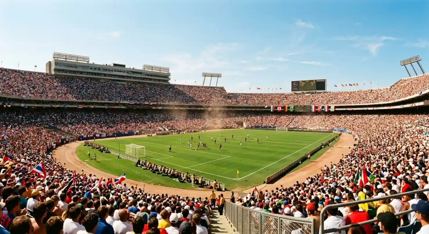 Estadio al aire libre bajo un sol intenso durante una tarde calurosa de verano en el Mundial 2026