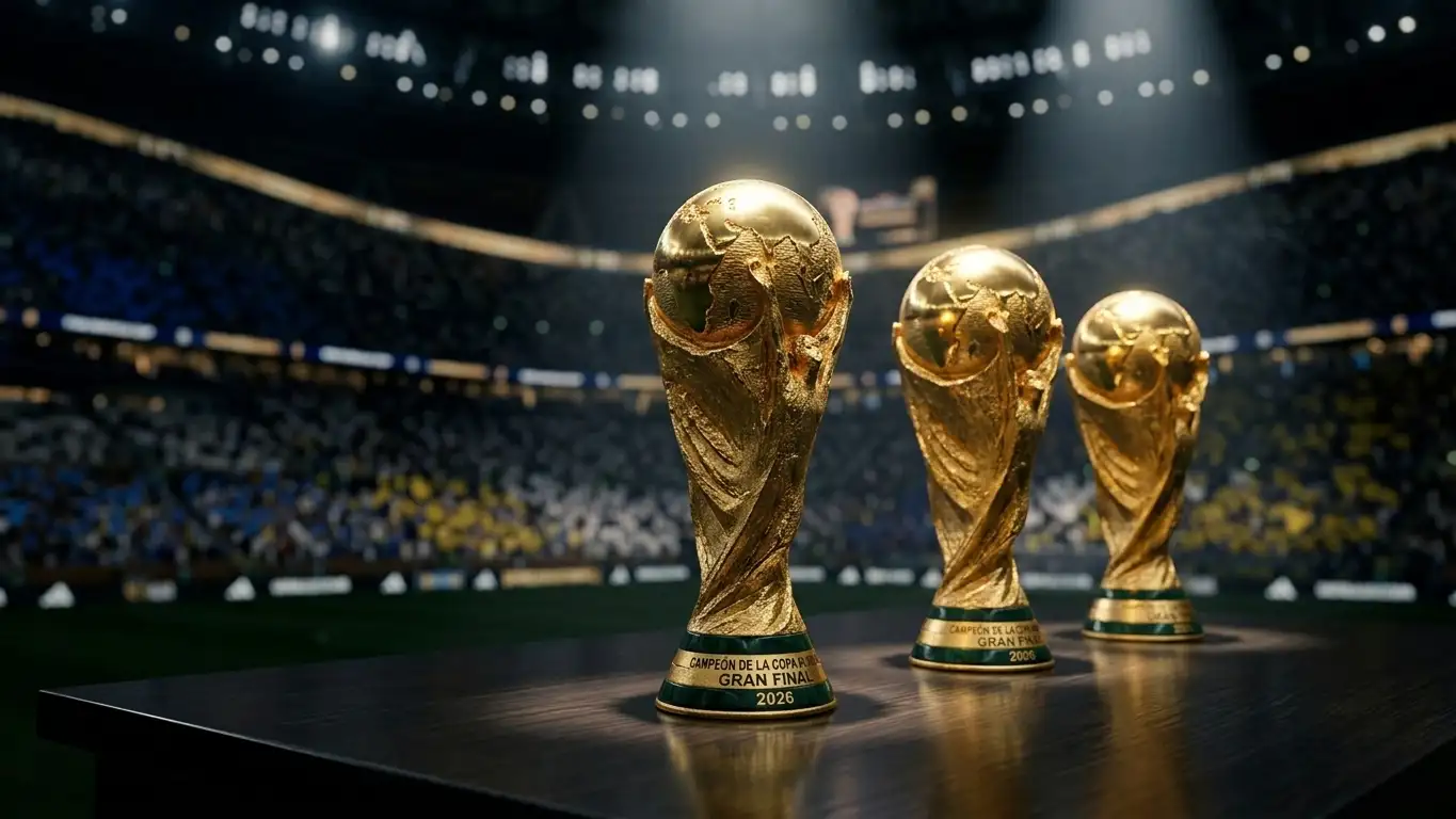 Tres trofeos dorados de fútbol iluminados sobre una mesa oscura antes de la final del Mundial 2026