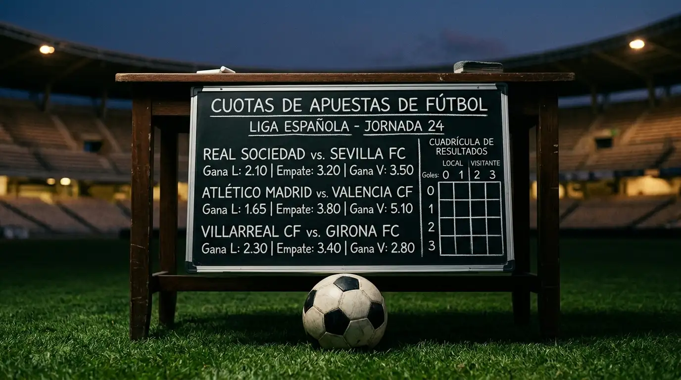 Mesa con una pizarra de cuotas de fútbol y un balón sobre el césped de un estadio iluminado antes de la final del Mundial 2026