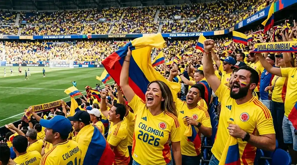 Hinchas con camisetas amarillas animando a Colombia en una tribuna del Mundial 2026