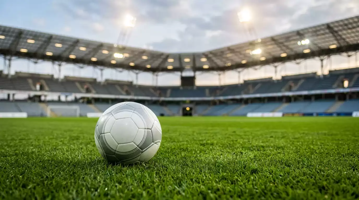 Balón oficial sobre el césped iluminado de un estadio del Mundial 2026 antes del partido