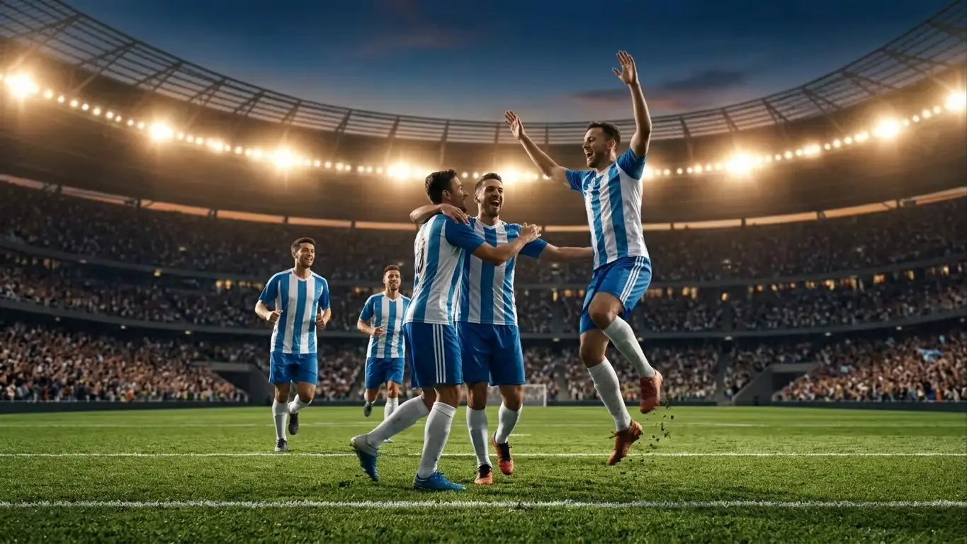 Futbolistas celebran un gol sobre el césped iluminado de un gran estadio durante el Mundial 2026, con la tribuna al fondo